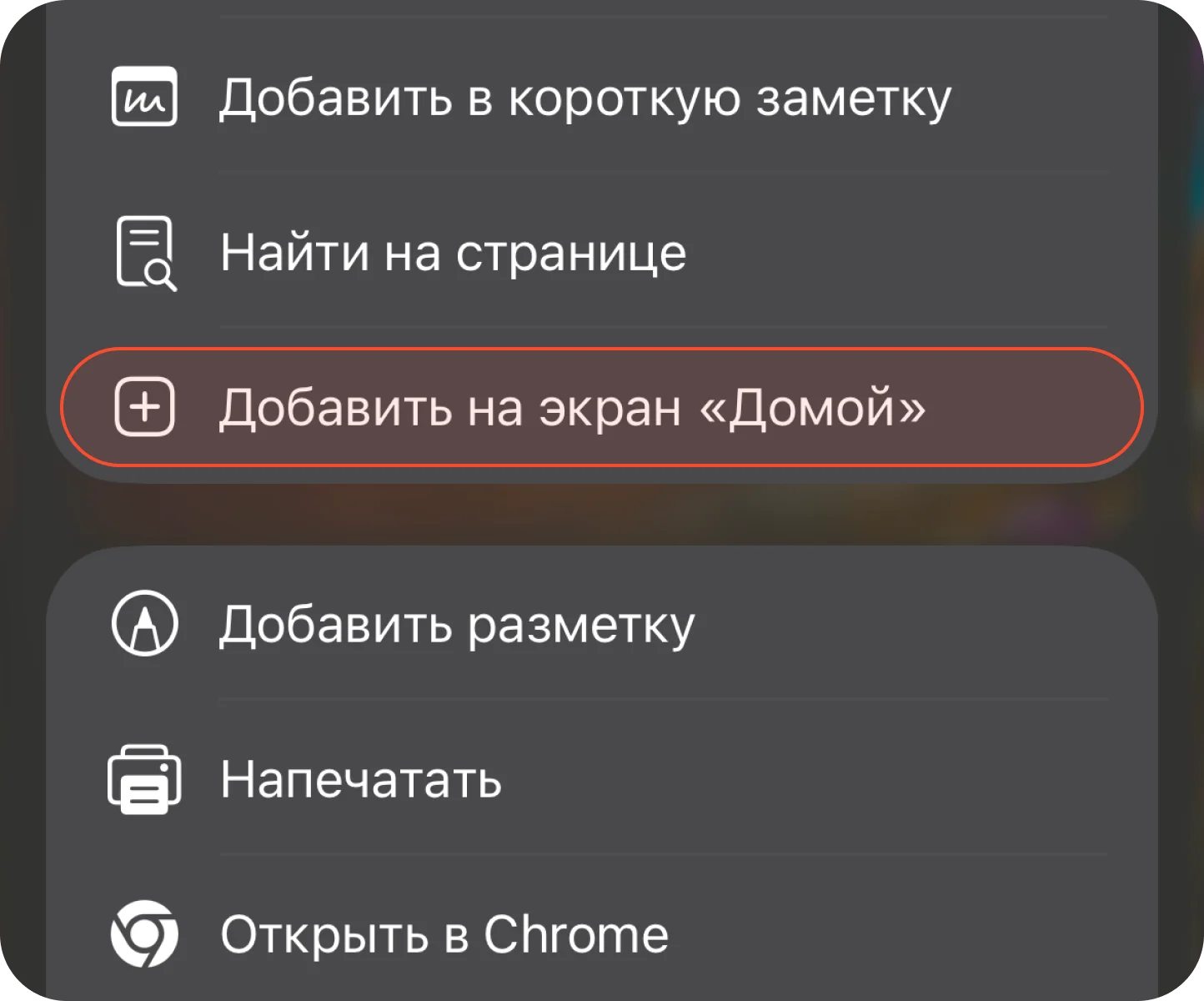 Меню с выделенным пунктом «Добавить на экран „Домой“»